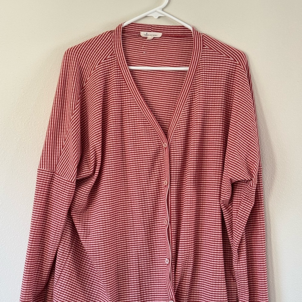 Red Striped Oversized Tunic Button-Up Cardigan